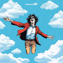 A detailed illustration of Charly Garcia flying through the sky with a serene expression on his face