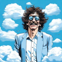 A detailed illustration of Charly Garcia flying through the sky with a serene expression on his face