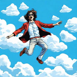 A detailed illustration of Charly Garcia flying through the sky with a serene expression on his face