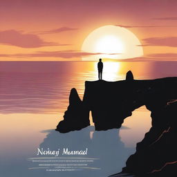 A serene landscape with a sunset over a calm ocean, featuring a silhouette of a person standing on a cliff, looking at the horizon