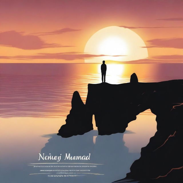 A serene landscape with a sunset over a calm ocean, featuring a silhouette of a person standing on a cliff, looking at the horizon