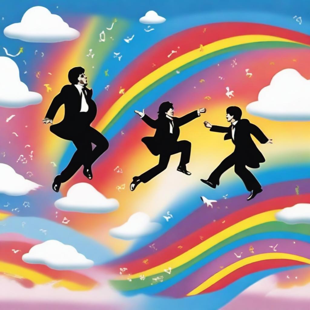 Create an image of The Beatles flying through a colorful, surreal sky with whimsical clouds and vibrant rainbows