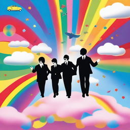 Create an image of The Beatles flying through a colorful, surreal sky with whimsical clouds and vibrant rainbows