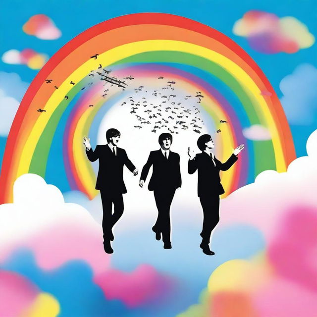 Create an image of The Beatles flying through a colorful, surreal sky with whimsical clouds and vibrant rainbows