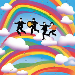 Create an image of The Beatles flying through a colorful, surreal sky with whimsical clouds and vibrant rainbows