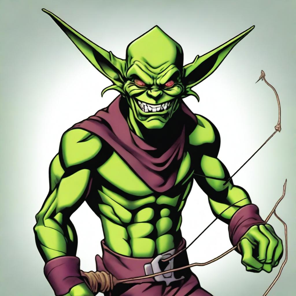 A teenage Green Goblin character with a devilish look, holding a bow and arrow