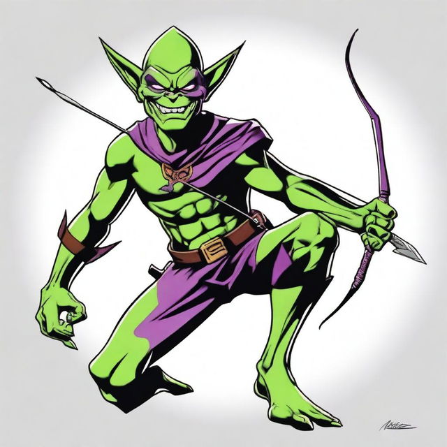 A teenage Green Goblin character with a devilish look, holding a bow and arrow