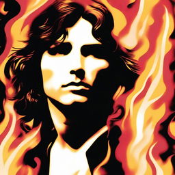 Create an image of Jim Morrison surrounded by flames, evoking a sense of intensity and passion