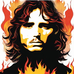 Create an image of Jim Morrison surrounded by flames, evoking a sense of intensity and passion