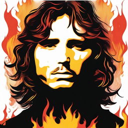 Create an image of Jim Morrison surrounded by flames, evoking a sense of intensity and passion