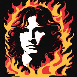 Create an image of Jim Morrison surrounded by flames, evoking a sense of intensity and passion