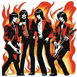 Create an image of The Rolling Stones surrounded by flames, capturing the raw energy and intensity of their music