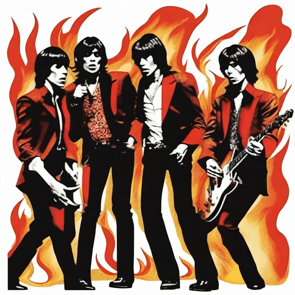 Create an image of The Rolling Stones surrounded by flames, capturing the raw energy and intensity of their music
