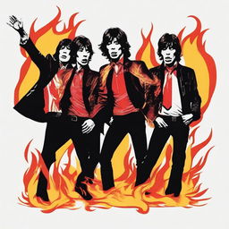 Create an image of The Rolling Stones surrounded by flames, capturing the raw energy and intensity of their music