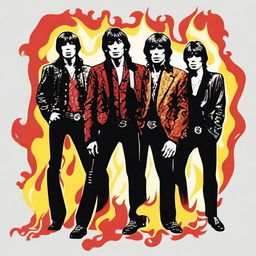 Create an image of The Rolling Stones surrounded by flames, capturing the raw energy and intensity of their music