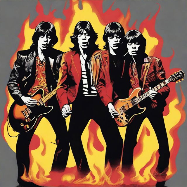 Create an image of The Rolling Stones surrounded by flames, capturing the raw energy and intensity of their music