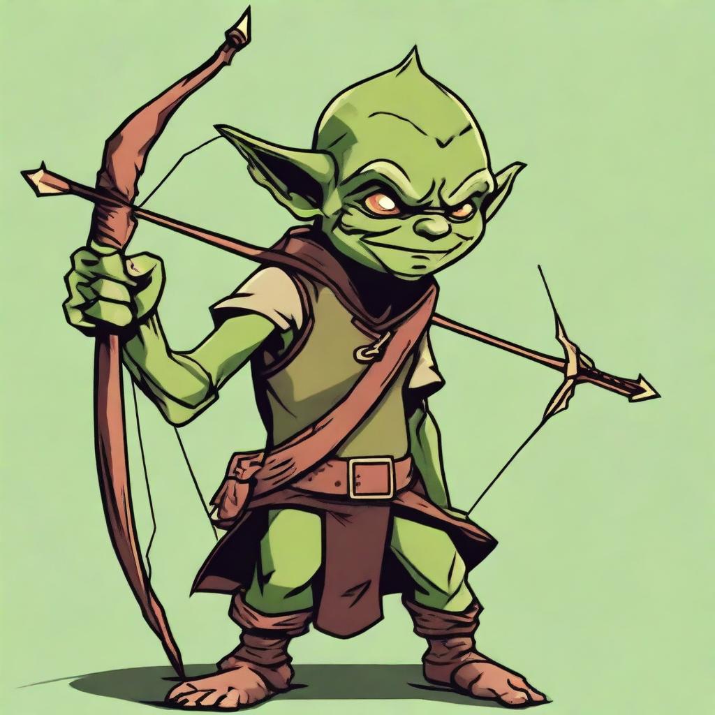 A Dungeons & Dragons style teenage green-skinned Ranger goblin with a devilish look