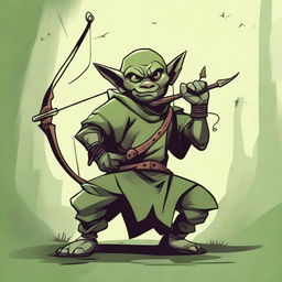 A Dungeons & Dragons style teenage green-skinned Ranger goblin with a devilish look