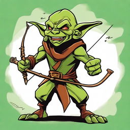 A Dungeons & Dragons style teenage green-skinned Ranger goblin with a devilish look