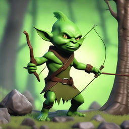 A 3D Dungeons & Dragons style teenage green-skinned Ranger goblin with a devilish look