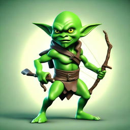 A 3D Dungeons & Dragons style teenage green-skinned Ranger goblin with a devilish look