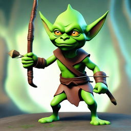 A 3D Dungeons & Dragons style teenage green-skinned Ranger goblin with a devilish look