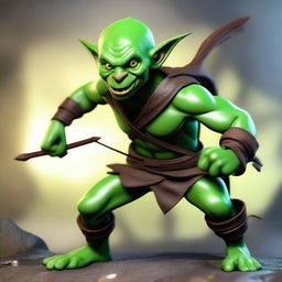 A 3D Dungeons & Dragons style teenage green-skinned Ranger goblin with a devilish look