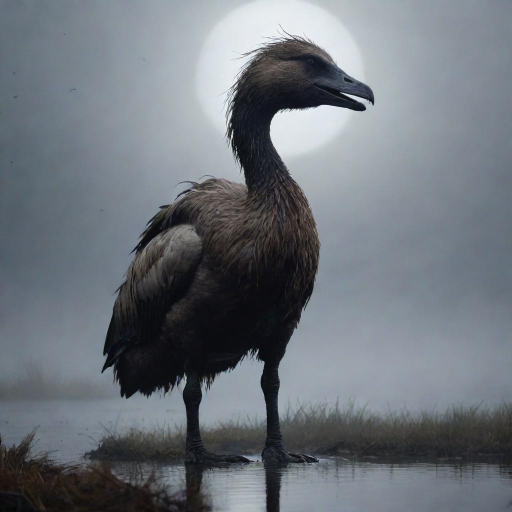 A terrifying yet intriguing goose-werewolf hybrid creature, showcasing its heightened size and unmatched strength, looming ominously in a misty, moonlit marshland.