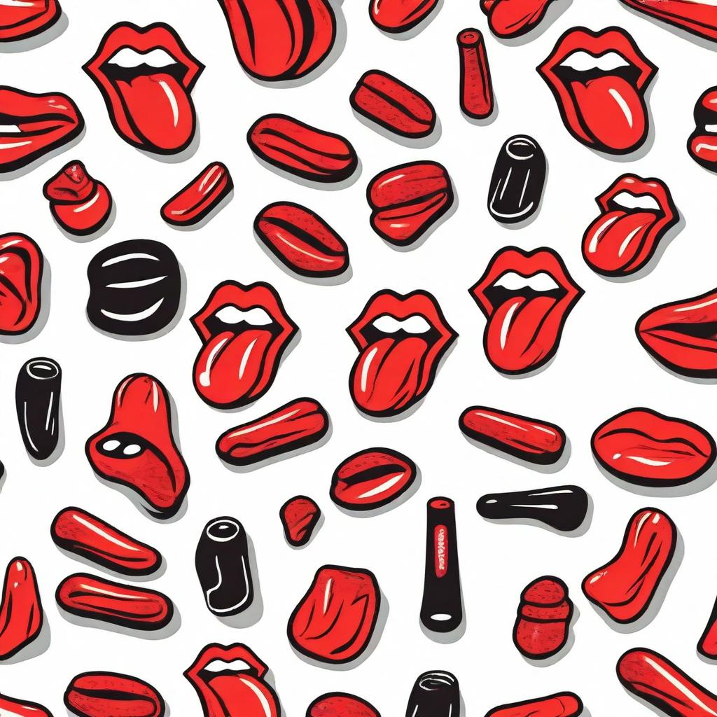 Create a seamless pattern featuring iconic imagery, symbols, and elements related to The Rolling Stones