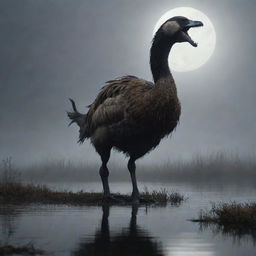 A terrifying yet intriguing goose-werewolf hybrid creature, showcasing its heightened size and unmatched strength, looming ominously in a misty, moonlit marshland.