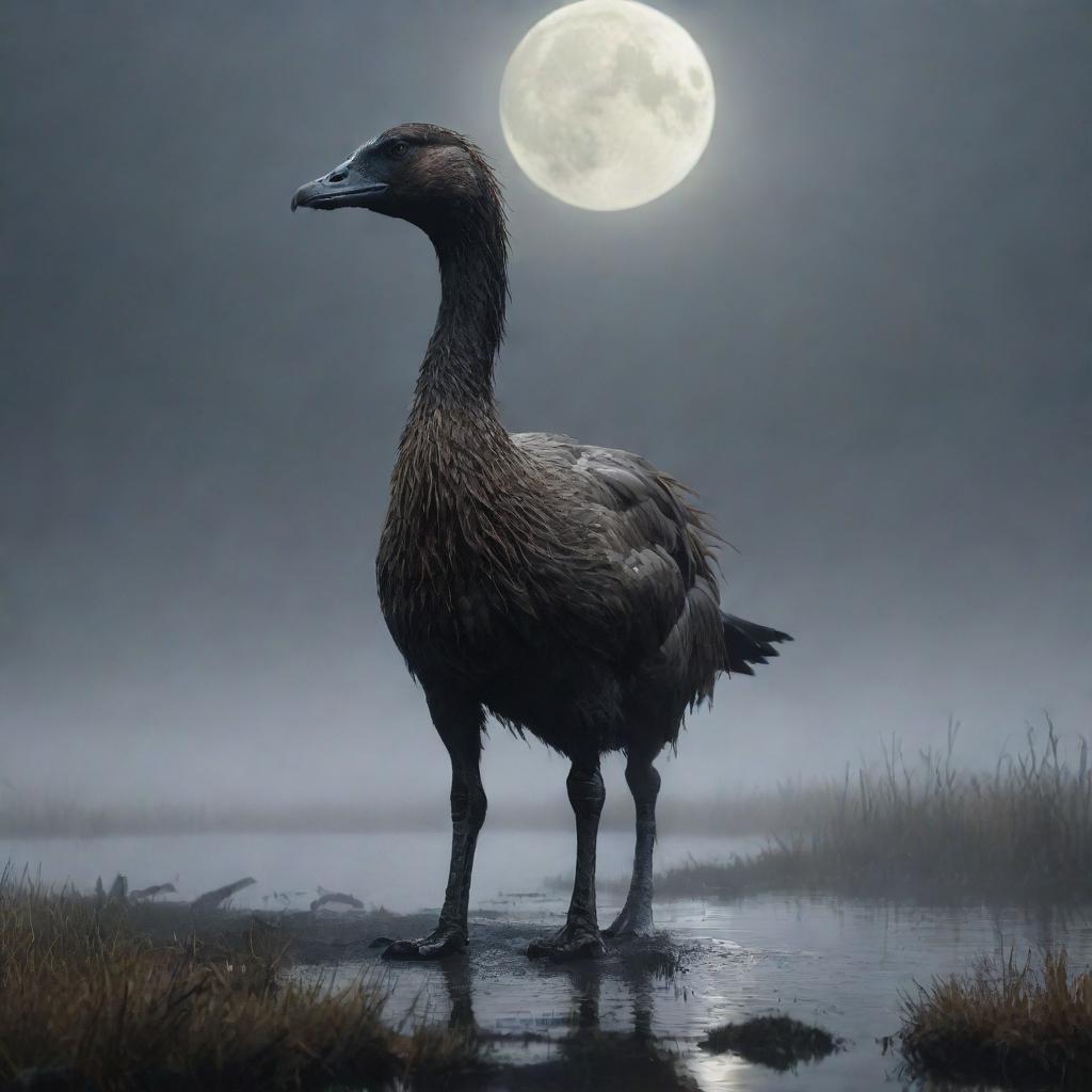 A terrifying yet intriguing goose-werewolf hybrid creature, showcasing its heightened size and unmatched strength, looming ominously in a misty, moonlit marshland.