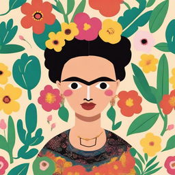 Create a seamless pattern featuring iconic imagery, symbols, and elements related to Frida Kahlo