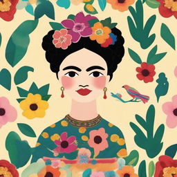 Create a seamless pattern featuring iconic imagery, symbols, and elements related to Frida Kahlo