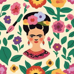 Create a seamless pattern featuring iconic imagery, symbols, and elements related to Frida Kahlo