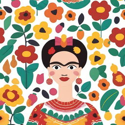 Create a seamless pattern featuring iconic imagery, symbols, and elements related to Frida Kahlo on a white background