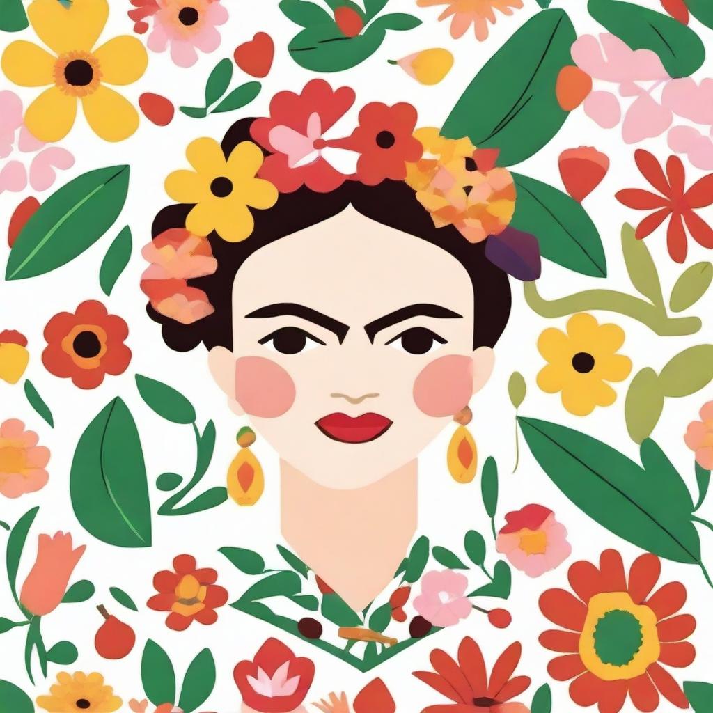 Create a seamless pattern featuring iconic imagery, symbols, and elements related to Frida Kahlo on a white background