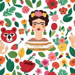 Create a seamless pattern featuring iconic imagery, symbols, and elements related to Frida Kahlo on a white background