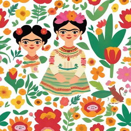 Create a seamless pattern featuring iconic imagery, symbols, and elements related to Frida Kahlo on a white background