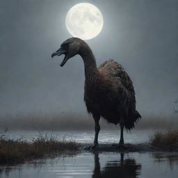 A terrifying yet intriguing goose-werewolf hybrid creature, showcasing its heightened size and unmatched strength, looming ominously in a misty, moonlit marshland.