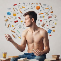 Depict a powerful image showing a person successfully deflecting various symbols of addiction such as alcohol, cigarettes, drugs. The person should be surrounded by positive influences like books, sports equipment, and healthy food