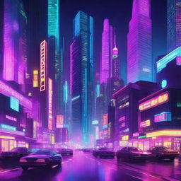 A detailed digital illustration of a cyberpunk cityscape at night, featuring neon lights, towering skyscrapers, and futuristic vehicles