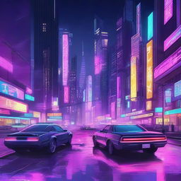 A detailed digital illustration of a cyberpunk cityscape at night, featuring neon lights, towering skyscrapers, and futuristic vehicles