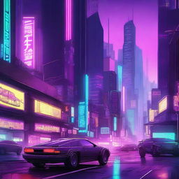 A detailed digital illustration of a cyberpunk cityscape at night, featuring neon lights, towering skyscrapers, and futuristic vehicles