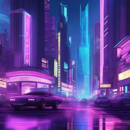 A detailed digital illustration of a cyberpunk cityscape at night, featuring neon lights, towering skyscrapers, and futuristic vehicles