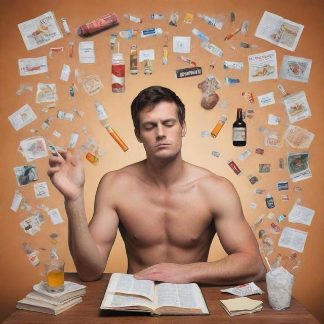 Depict a powerful image showing a person successfully deflecting various symbols of addiction such as alcohol, cigarettes, drugs. The person should be surrounded by positive influences like books, sports equipment, and healthy food