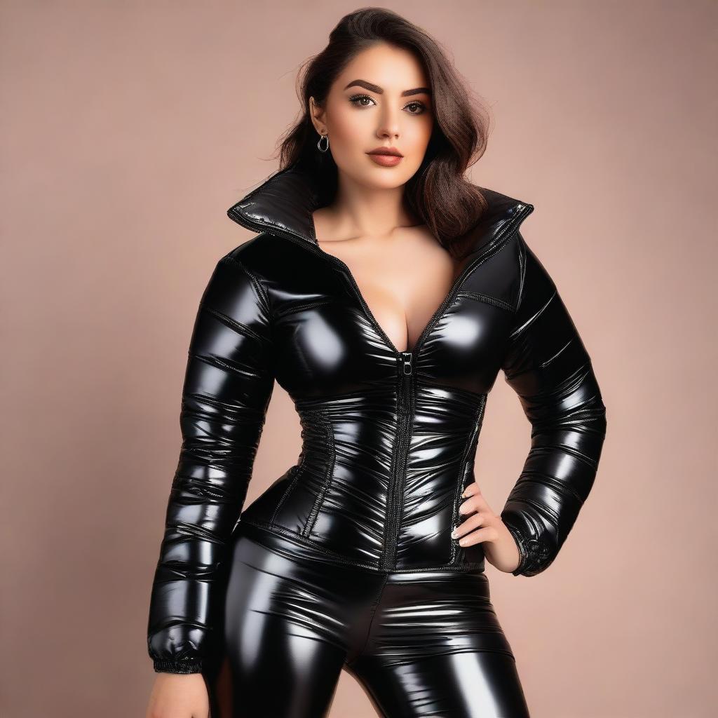 A beautiful woman wearing a tight, shiny black puffer corset