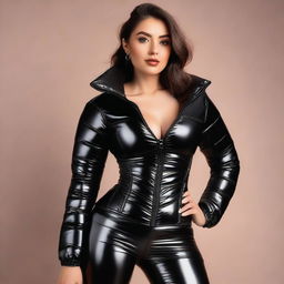 A beautiful woman wearing a tight, shiny black puffer corset