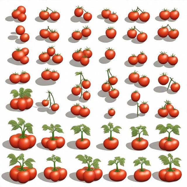 Generate sprites of a tomato seed, from planting the seed until the first root sprouts, then as it grows, until the tomatoes are ready for harvest