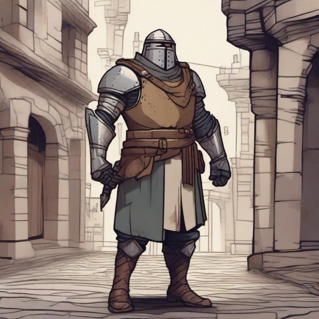 A grubby town guard in shabby medieval armor, depicted in a dungeons and dragons illustration style