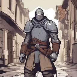 A grubby town guard in shabby medieval armor, depicted in a dungeons and dragons illustration style